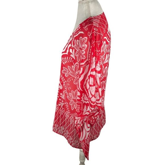 Chicos Red Poncho Semi Sheer Floral Boho Print Topper Cover Up Beachy Size L/XL - Picture 2 of 9